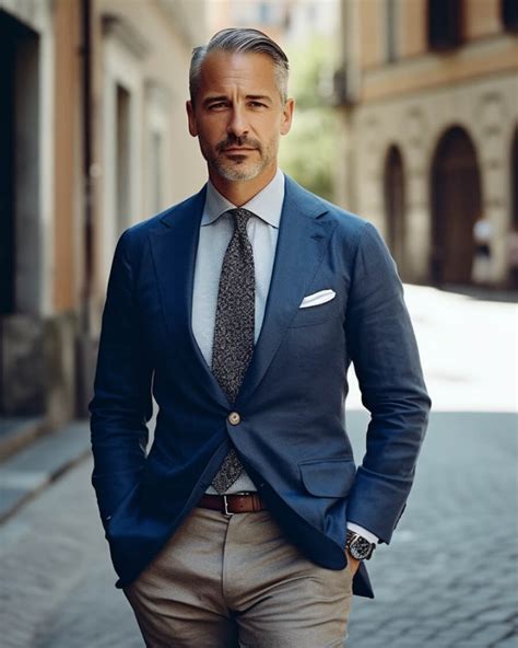 navy jacket grey trousers